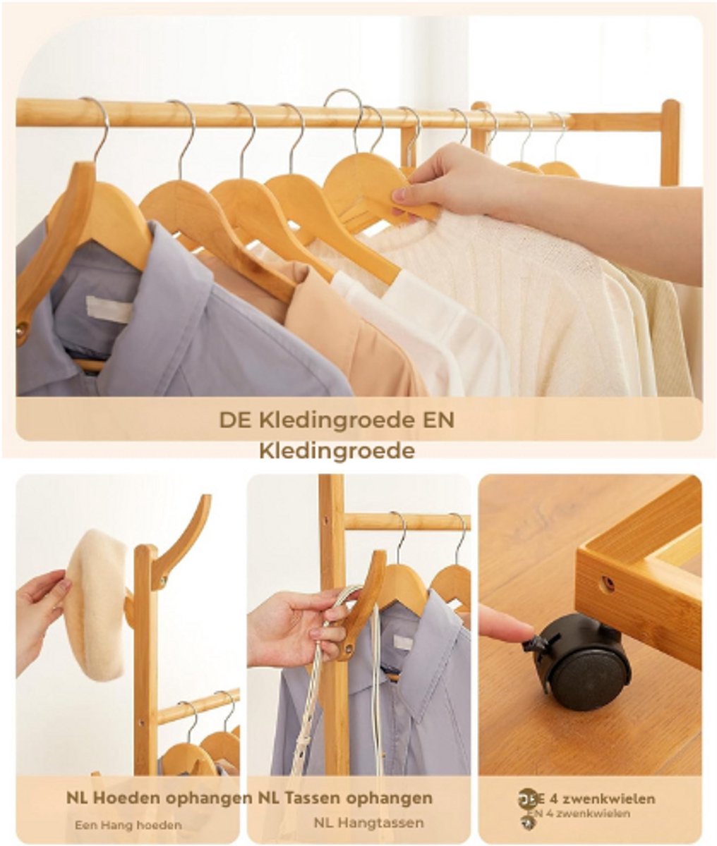 Bamboe Kledingrek Met Zijhaak Kapstok Houten Design Met Haken Opbergplanken Met Wielen Vrijstaand Garderoberek Met Kledingstang Schoenenrek Bamboe – foto 5