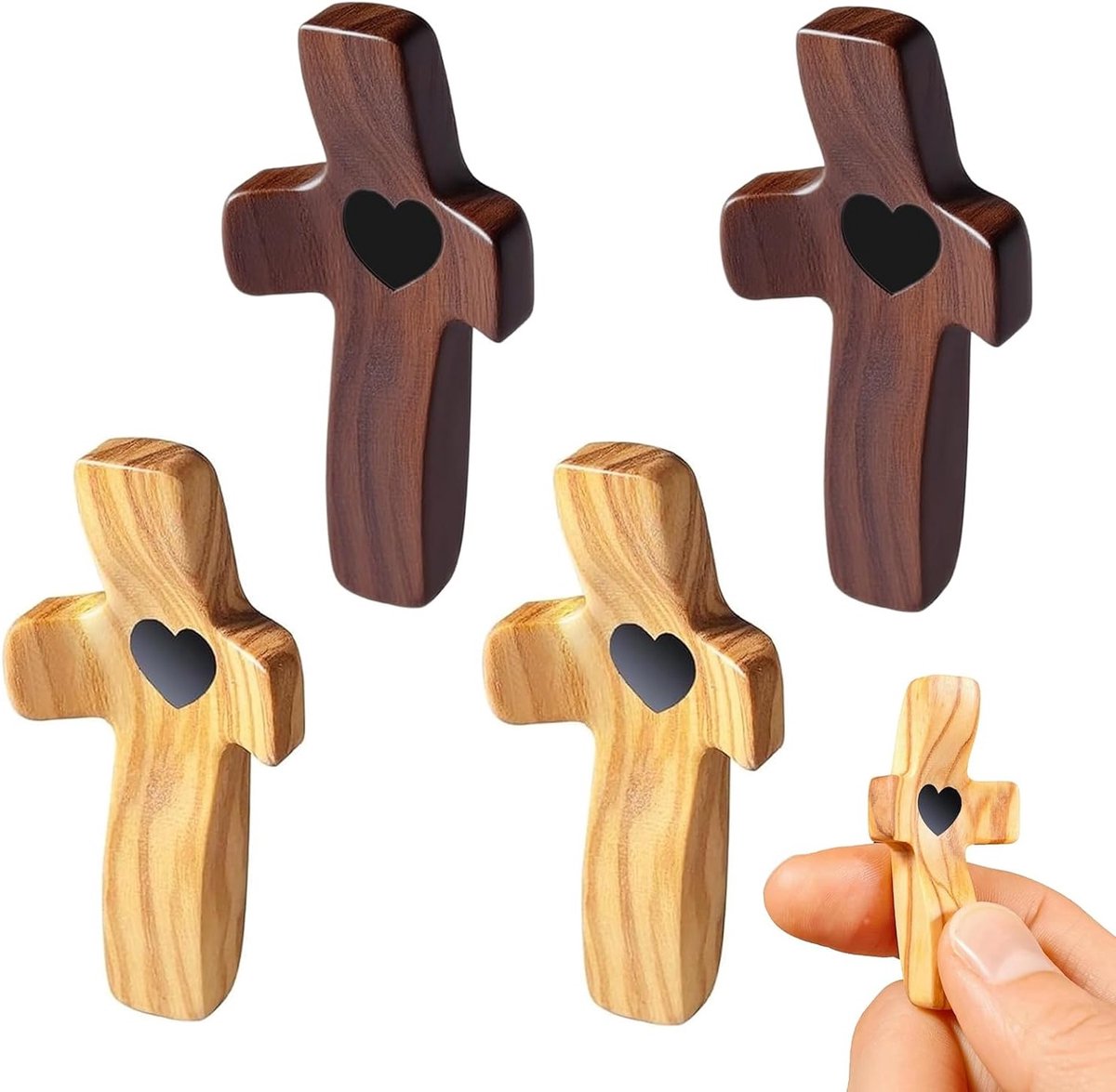 Handgegraveerde Houten Kruisen met Hartjes - Set van 4 - Voor Gebed, Meditatie en Ontspanning - 5 x 2.5 cm