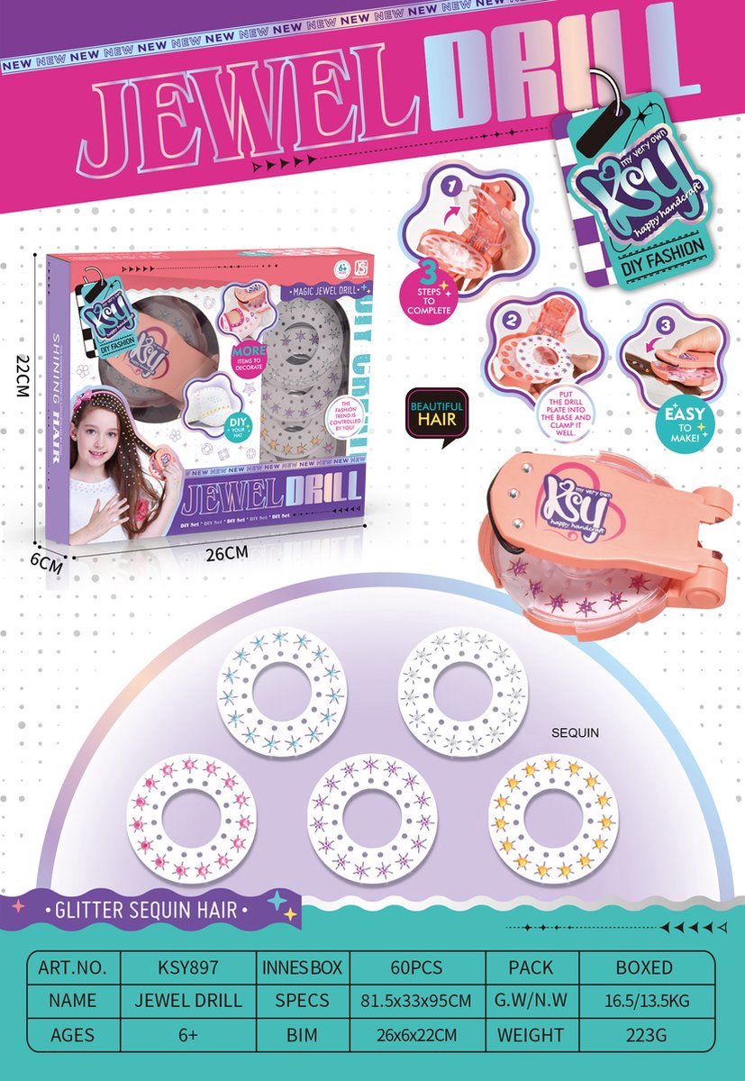 Diamond Collection Starter Kit Dromen 75 Strassjes Haarstrass set voor meisjes Glinsterende haarstyling tool voor creatief plezier Cadeau 6-12 jaar
