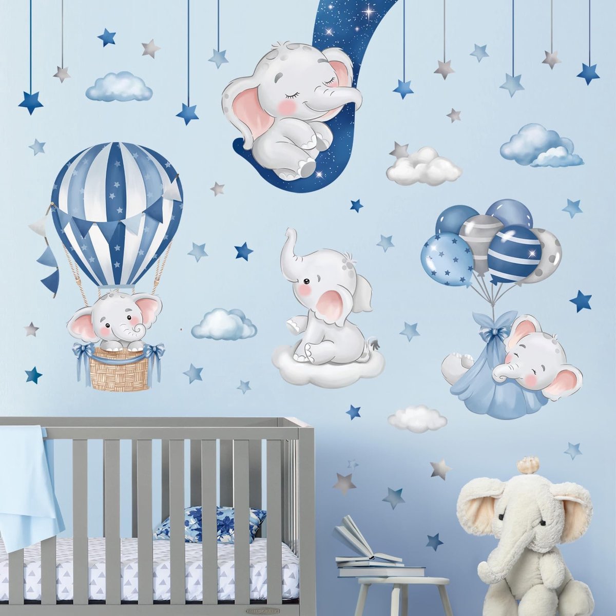 Elzusha - Slapende Olifant - Muurstickers - Perfecte decoratie - Blauw Grijs - Kinderkamer - Speelse muurdecoratie - Kinderen