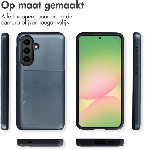 Donkerblauw telefoonhoesje in vier weergaven: zijkant, achterkant, voorkant en onderkant.