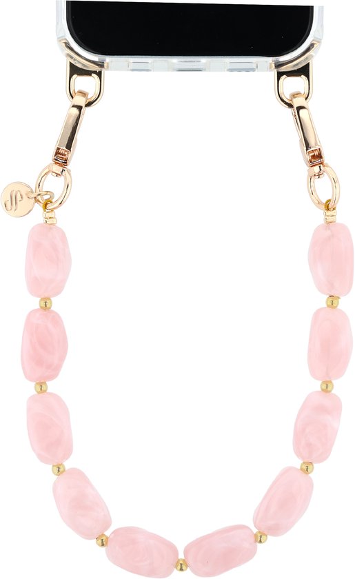 Chaîne de téléphone en perles roses avec fermoirs mousquetons dorés et breloque Selencia.