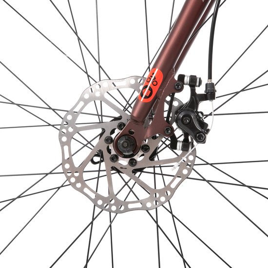 Close-up van de mechanische schijfrem van een bordeauxrode Hiland fiets.