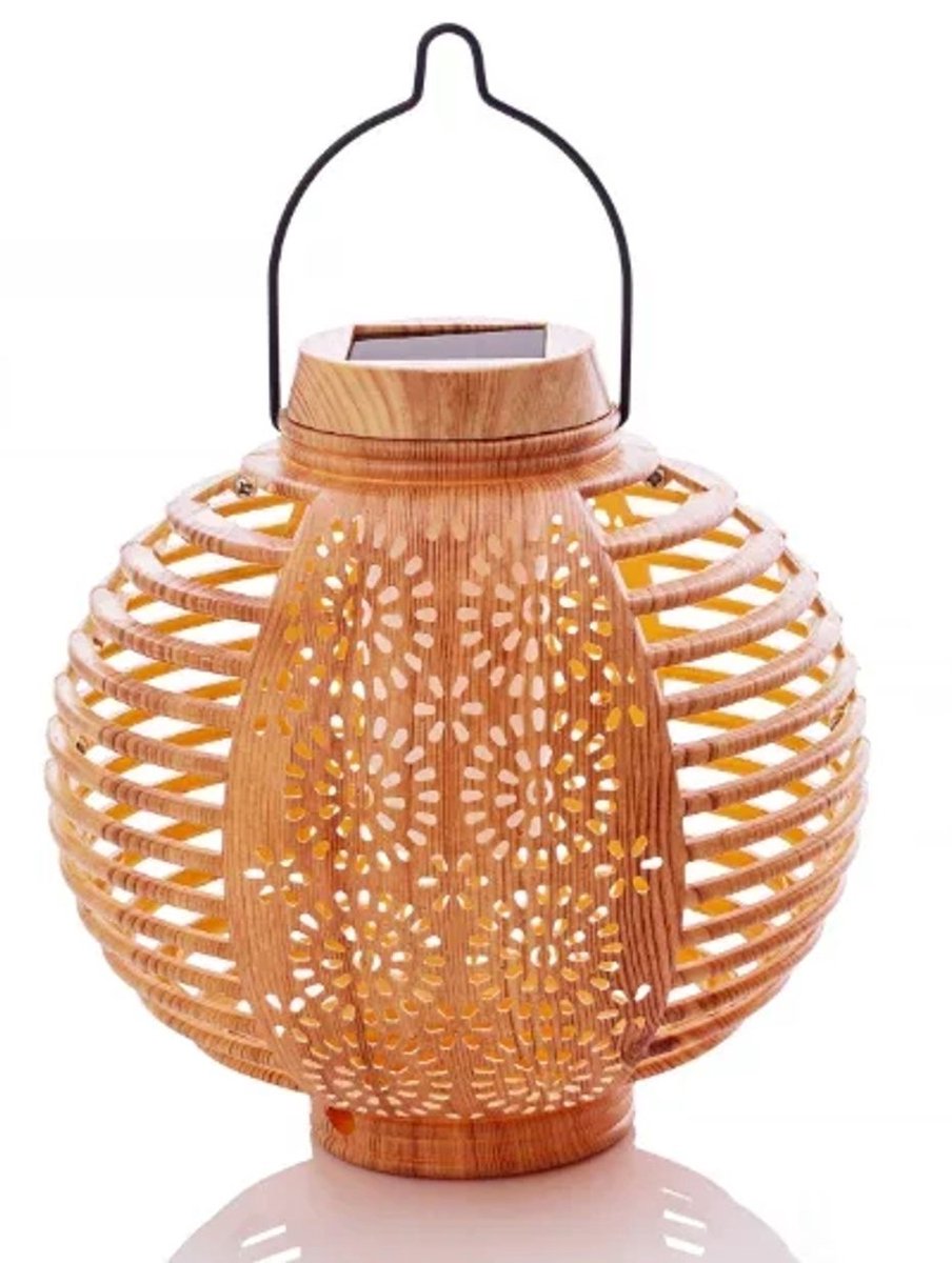Zonne-lantaarns "Flame" Bamboe Look 2-delige set Ø15cm Hoogte 15cm Solar met Flakkerend Vlam-Effect en Ophanghaak