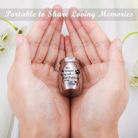 Zilverkleurige mini-urn in handen, met de tekst 'No longer by my side... But Forever in my Heart' en pootafdrukken.