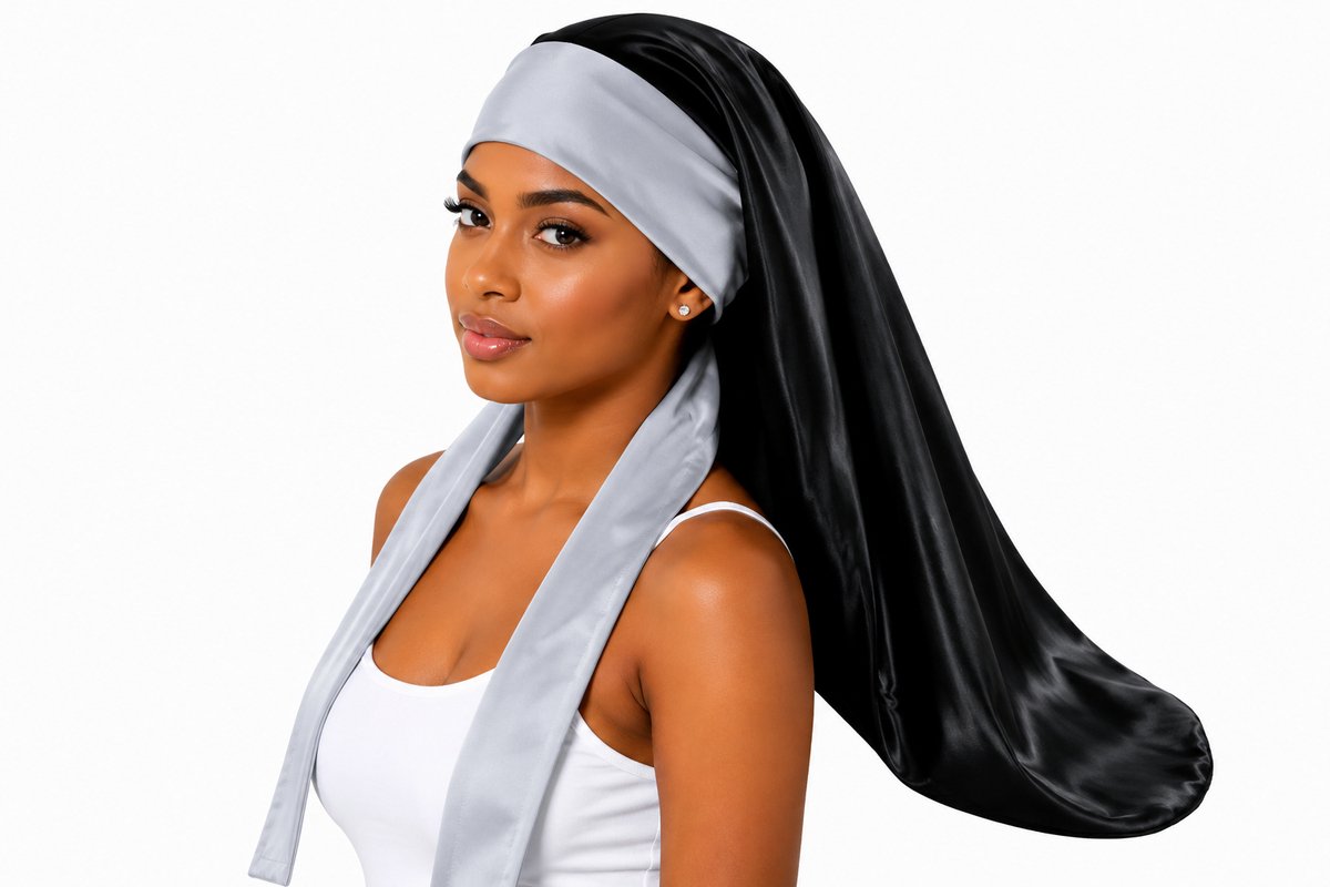XARIA Satijnen Slaapmuts Lang Haar – Satijn Binnen & Buiten – Dubbelzijdige Bonnet met Lange Elastische Lussen – Omkeerbaar – Voor Krullen, Extensions, Dreads, Braids & Protective Styles- Zwart/Grijs