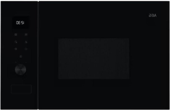 Zwarte inbouwmagnetron met touch control bediening en digitale display.