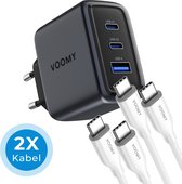 Voomy USB C Lader 65W - Oplader - Snellader met 2 Oplaadkabels - USB C Adapter - Universeel - 2 USB C & 1 USB A Poort - Geschikt voor Laptop, telefoon, tablets en meer - Space Grey