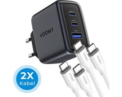 Voomy USB C Lader 65W – Oplader – Snellader met 2 Oplaadkabels – USB C Adapter – Universeel – 2 USB C & 1 USB A Poort – Geschikt voor Laptop, telefoon, tablets en meer – Space Grey