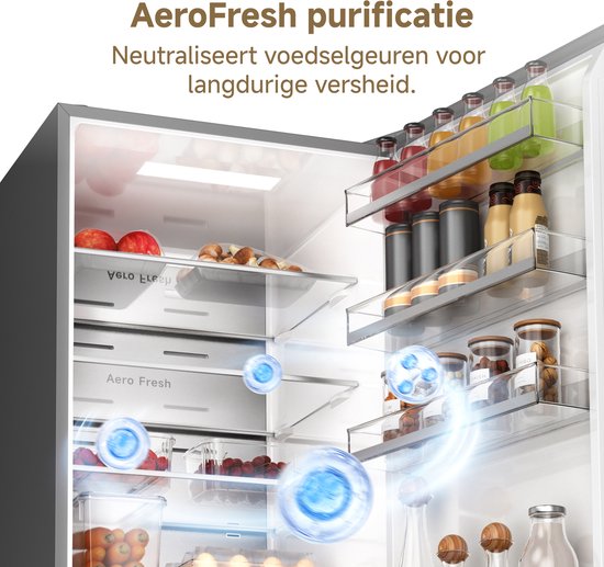 Close-up van een open koelkast met fruit, groenten en flessen. Blauwe luchtbellen 'AeroFresh' circuleren om geuren te neutraliseren.