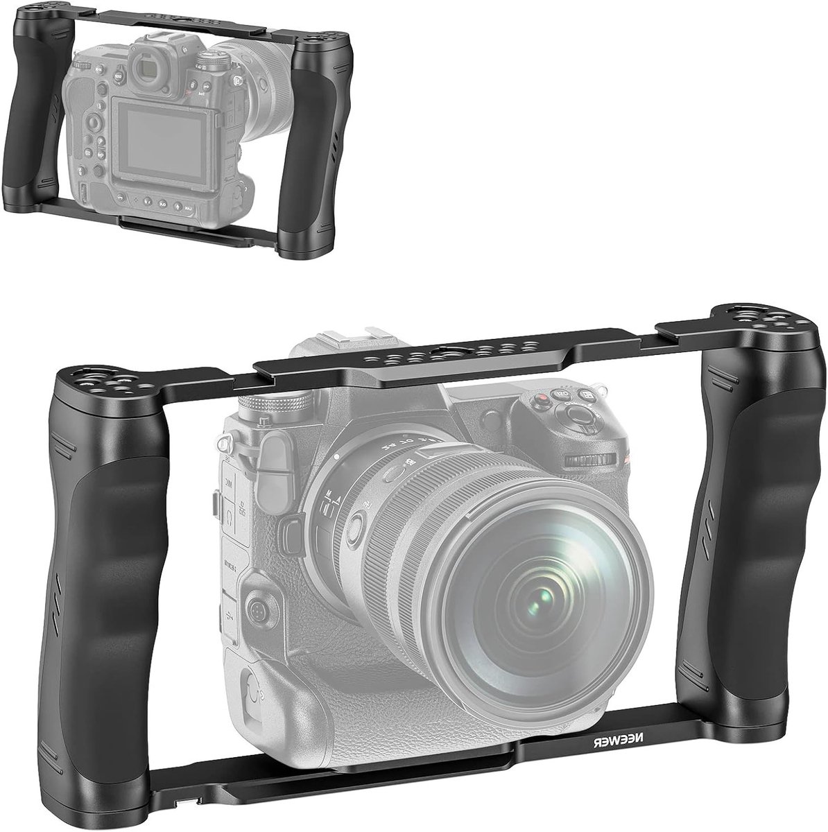 Video Camera Cage met Dubbele Handgrepen, 3/8 Inch ARRI Jack en 1/4 Inch Draad, Koudeschoenen, Universele Stabilizer voor 15mm Basisplaten