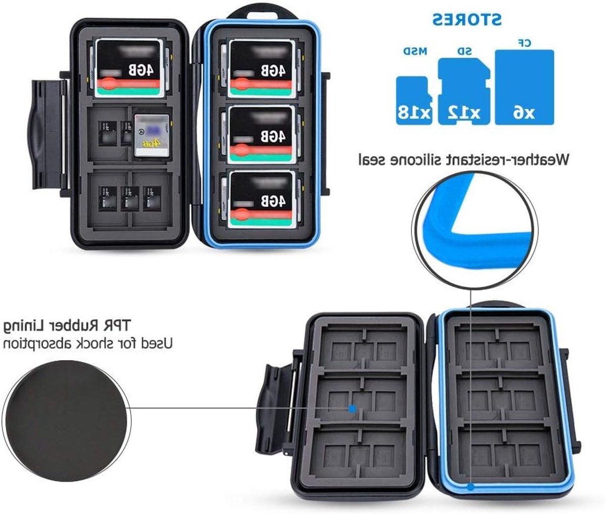 Waterdichte Opbergdoos voor 12 SDXC, 18 Micro SD TF en 6 CF Compact Flash Kaarten - SD Kaart Houder met Carabiner en 36 Slots voor Veiligheid en Organisatie