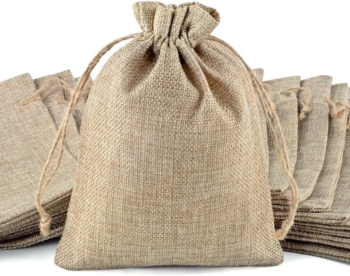 Set van 20 Groene Jute Tassen 20 x 30 cm, Herbruikbare Tassen met Trekkoord voor Cadeauverpakking, Sieraden en Opslag