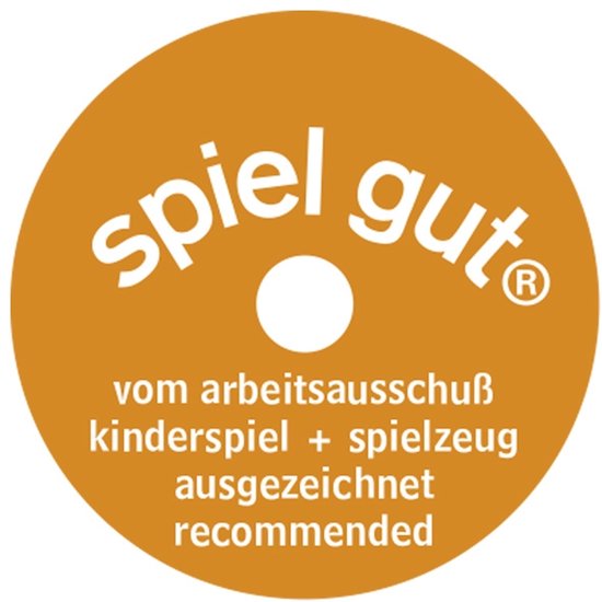 Oranje cirkel met witte tekst "spiel gut® vom arbeitsausschuss kinderspiel + spielzeug ausgezeichnet recommended".