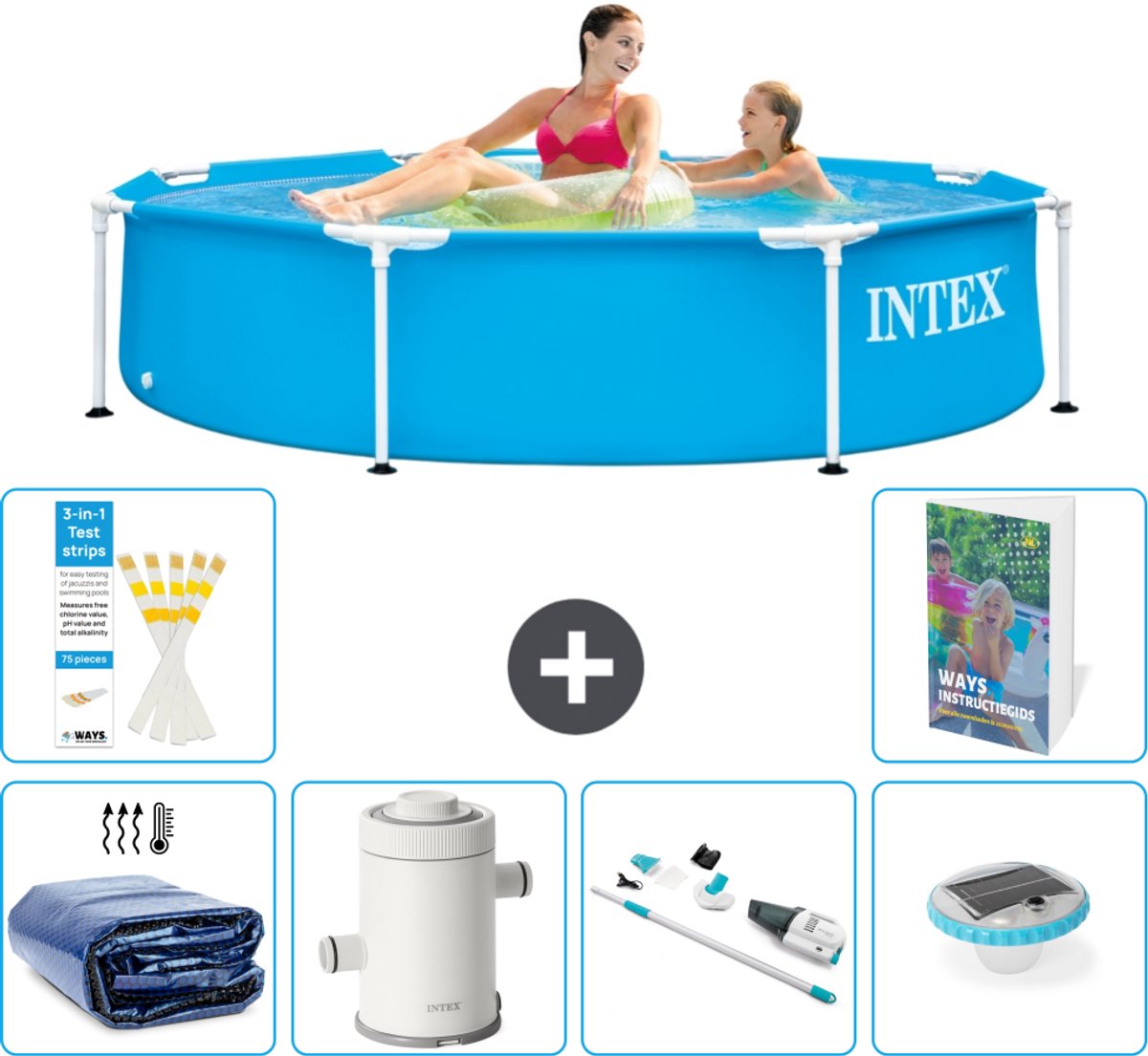 Intex Rond Frame Zwembad - 244 x 51 cm - Blauw - Inclusief Solarzeil - Zwembadfilterpomp - Stofzuiger - Verlichting - 7-delig