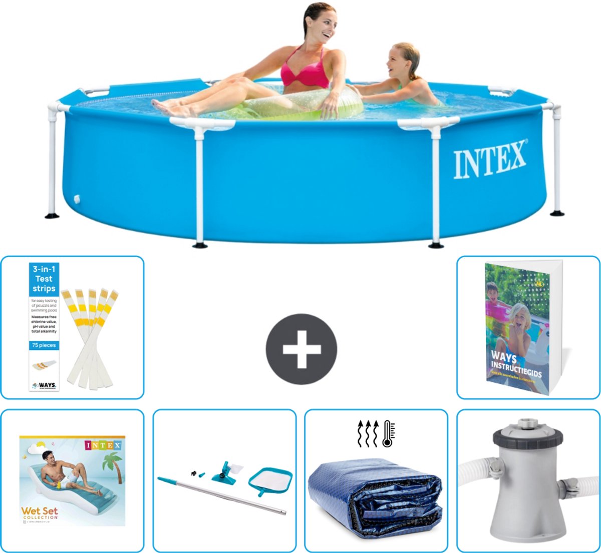 Intex Rond Frame Zwembad - 244 x 51 cm - Blauw - Inclusief Loungebed - Schoonmaakset - Solarzeil - Zwembadfilterpomp - 7-delig
