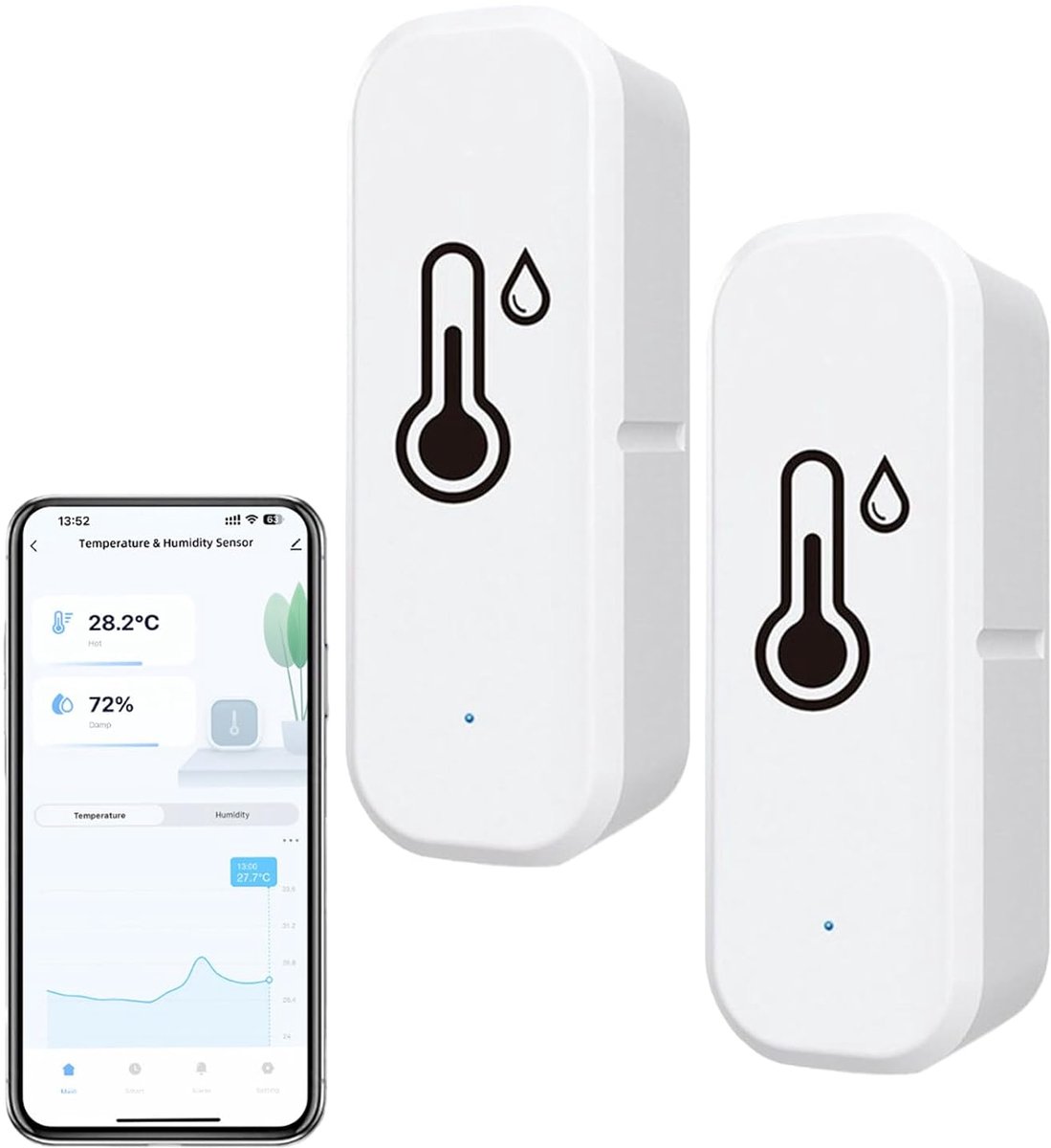 Slimme Hygrometer - Temperatuur Sensor - Real-time Meting - App Meldingen - 70x20x25mm - Wit
