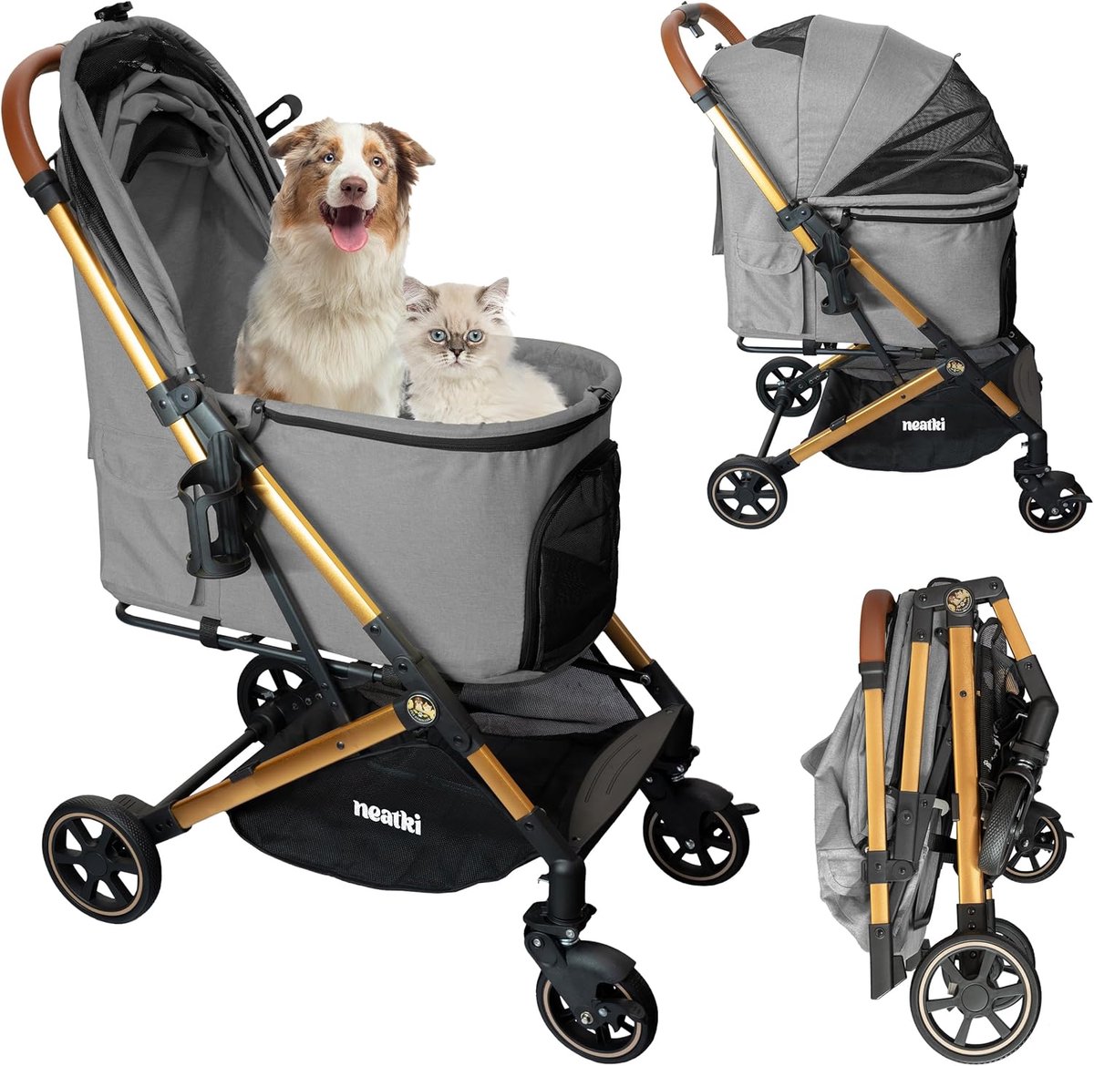 Opvouwbare Huisdierenwagen - Reisbuggy Hond Kat - Comfortabel Transport - Eén-klik Vouwsysteem - Capaciteit 15 kg - Grijs