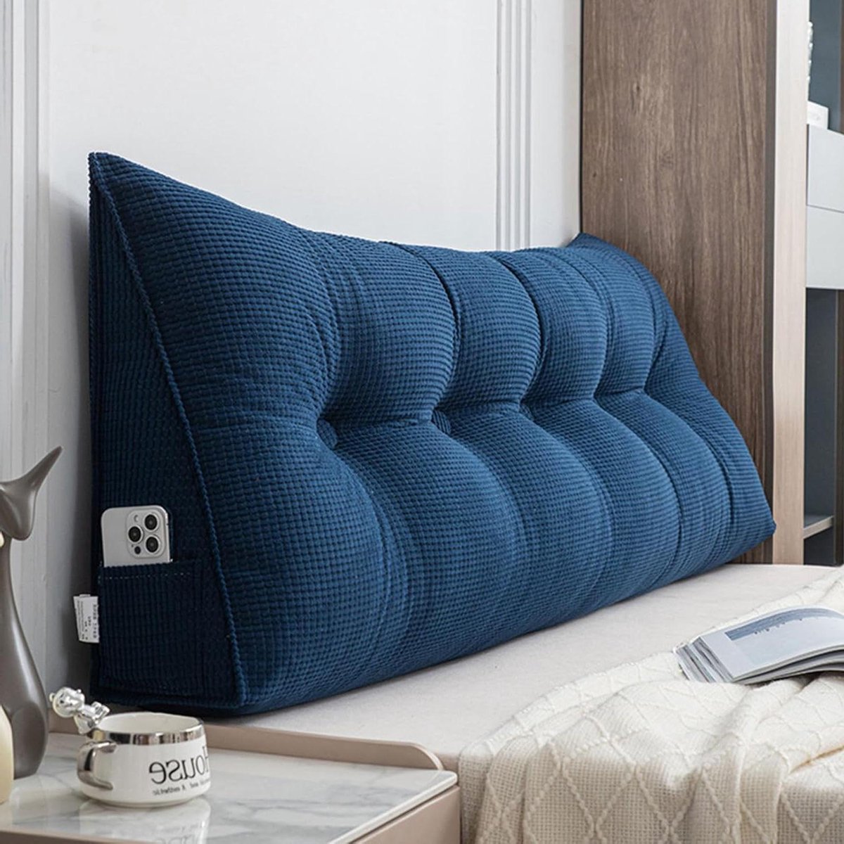 Hoofdbordkussen Rugsteun - Leeskussen Bankkussen - Ontspannen Lezen TV Kijken - Zachte Maïsfluweel Hoes - 60x50x20 cm - Blauw