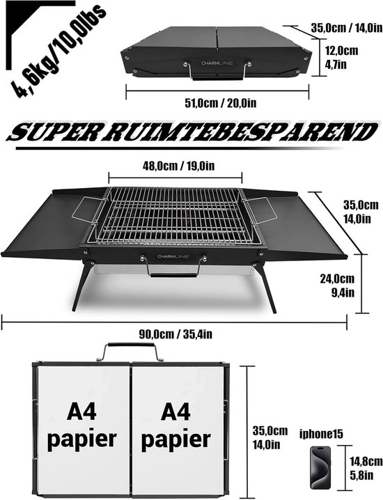 opvouwbare draagbare houtskoolgrill, compacte buitenbarbecue, ideaal voor kamperen, picknicks, tuinfeesten en strandfeesten, zwart, max. 51 x 35 cm van Merkloos — afbeelding 2