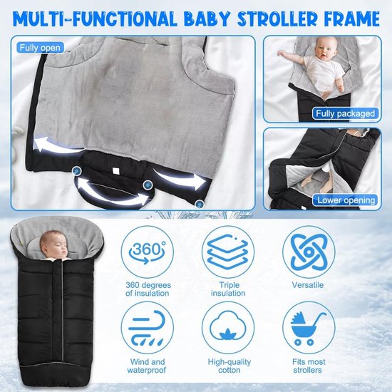 Baby Voetenzak - Kinderwagen Zak - Winter Wandelingen - Waterdicht Winddicht - 97x42 cm - Zwart — afbeelding 4