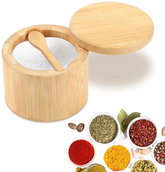 Magnetische Kruidenpotjes - Kruidendoos met Lepel - Zoutvaatje -Kruidenpotjes voor Keuken - hout - Suikerpotje - Zoutpot - Zoutstrooier - Draaideksel - Voorraadpot - Kruidenstrooier - Spice Jars - pepervaatje - Beschermt tegen Vocht en Insecten