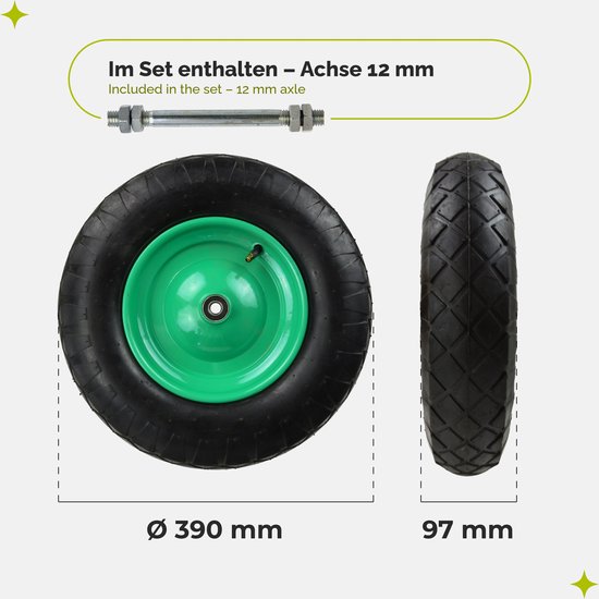 GARRONDA 2-pack zwart-groen - Vervangwiel Kruiwagen 4.80/4.00-8 Kruiwagenwiel Ø 390 mm Luchtband 4PR Band tot 120 kg met As Stalen Velg Kogellager voor Tuinwagen Erf Bouwplaats GD-0163, Zwart-Groen van Garronda — afbeelding 2