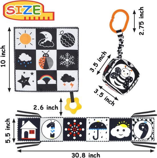 3 stuks zwart-wit babyspeelgoed met hoog contrast, pasgeboren speelgoed (0-6 maanden), visueel stimulerend, sensorisch zacht boek, speelgoed voor op de buik van baby's (0-3-6 maanden) — afbeelding 2