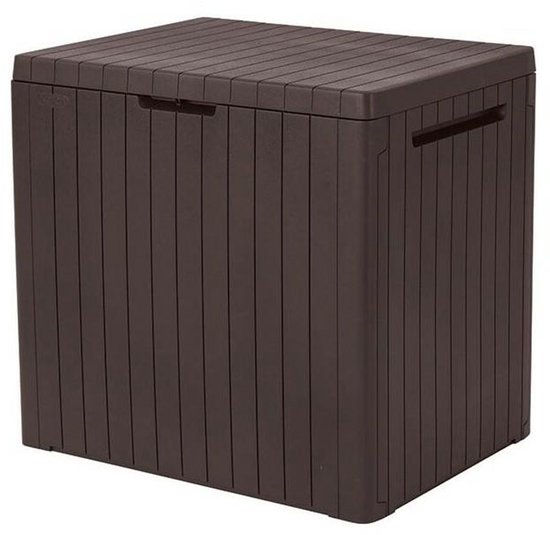 Donkerbruine kunststof opbergbox met ribbelpatroon op deksel en zijkanten.