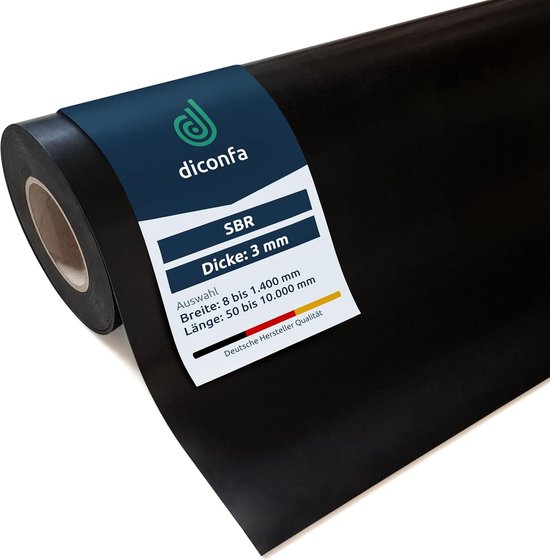 Zwarte rubberen rol met etiket 'diconfa SBR, Dicke: 3 mm, Breite: 8 bis 1.400 mm, Länge: 50 bis 10.000 mm'.