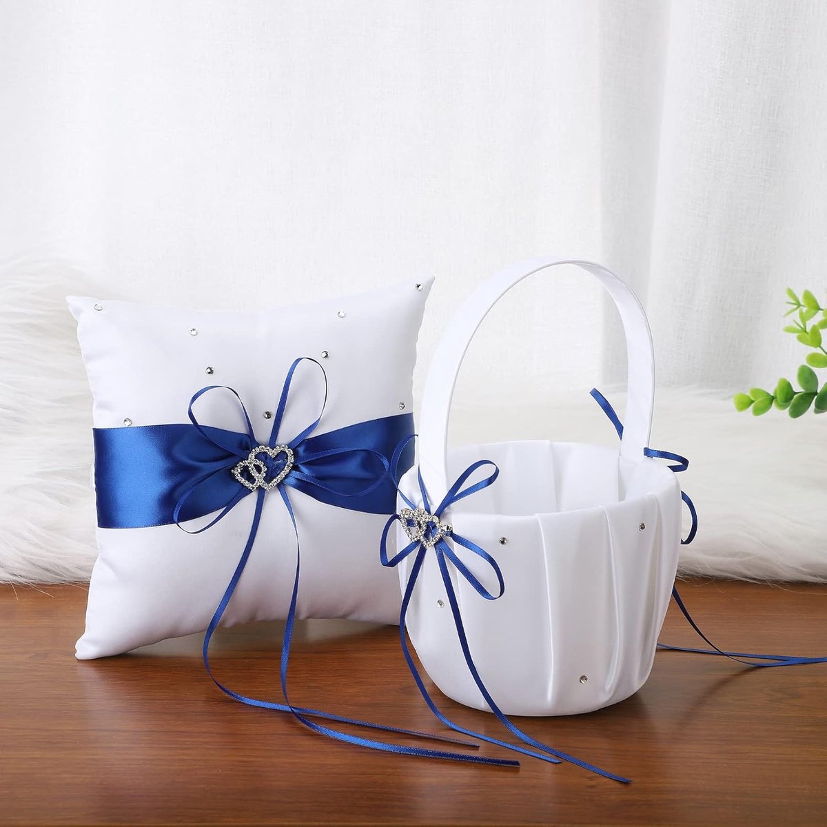 Bruiloft Set - Bloemenmand Ringkussen - Ceremonie Decoratie - Satijn met Hart - 22x13cm 20x20cm - Wit Blauw