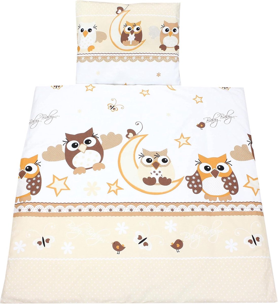 Baby Beddengoed Set - Kinderwagen Wieg Linnen - Slapen Comfort - 4 Delig Katoen - 80x80 cm - Uilen Beige