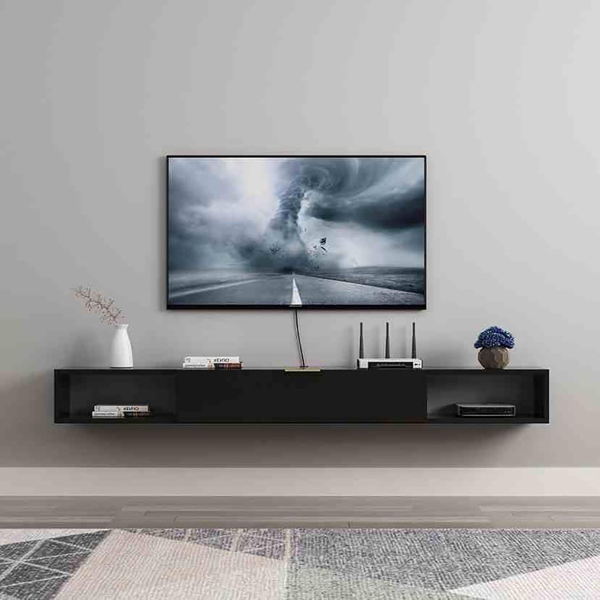Zwevende TV Kast - Media Console - Opbergen Woonkamer - Klepdeur Ontwerp - 100x20x18.2cm - Zwart