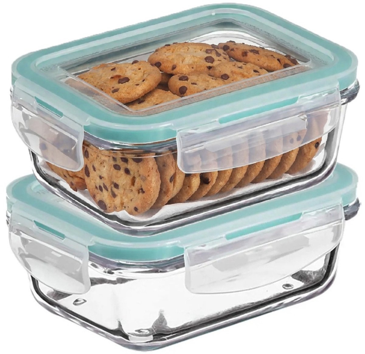 5Five Vershoudbakje met deksel - 2x - glas - luchtdicht - met clips - 18 x 12 x 6 cm - 800 ml