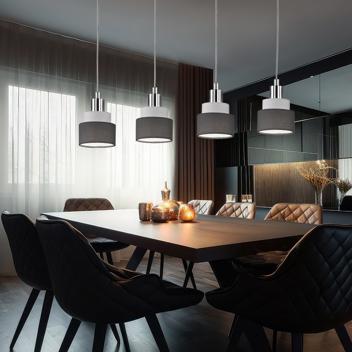 Hanglamp eettafel hanglamp 4 vlammen hanglamp, metaal chroom textiel grijs, 4x E14, LxBxH 9x70x150cm, WOFI 11624