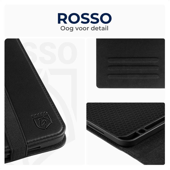 Details van een zwarte tablethoes: gestructureerd interieur, penhouder, Rosso-logo.