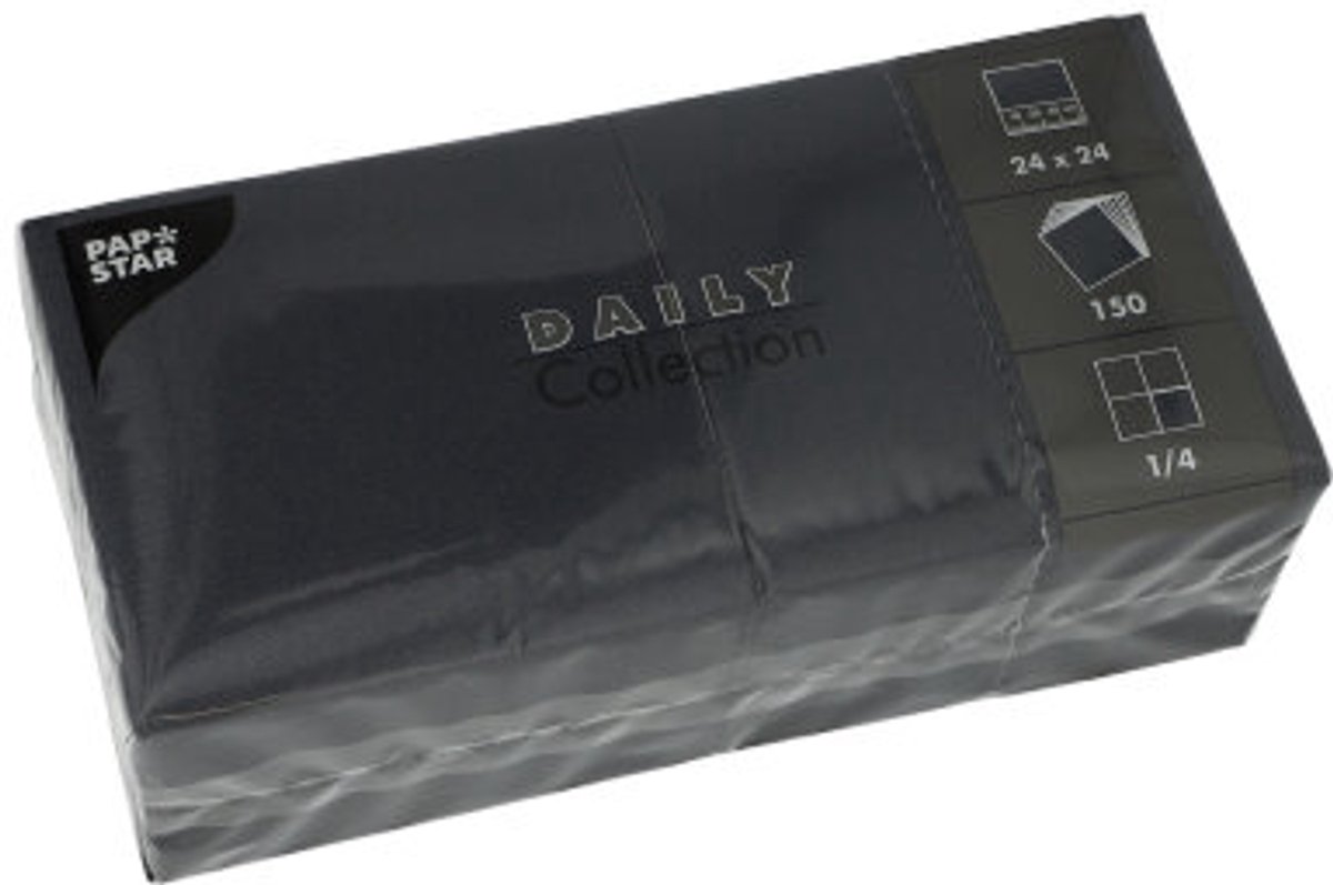 6x 150 Servetten DAILY Collection 1/4 vouw 24 cm x 24 cm zwart