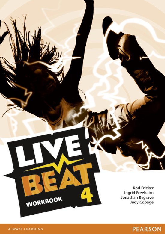Cover van het Live Beat 4 werkboek met een dansend silhouet tegen een oranje achtergrond met bliksemschichten.