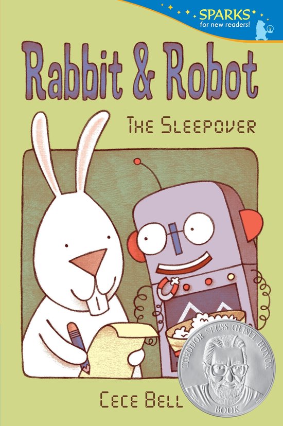 De kaft van het boek "Rabbit & Robot: The Sleepover" toont een witte konijn die een pen vasthoudt en een robot die naast hem staat.
