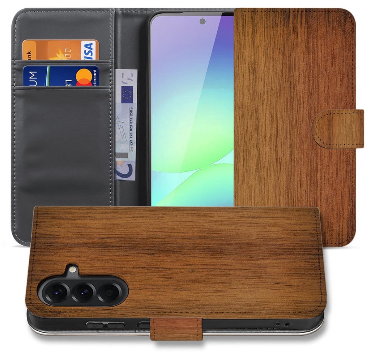 Samsung Galaxy A37 Book Case Hoesje Donker Hout met Magnetische sluiting