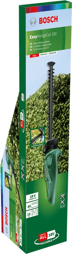 Doos van de Bosch EasyHedgeCut 18-45 heggenschaar met afbeeldingen en specificaties.