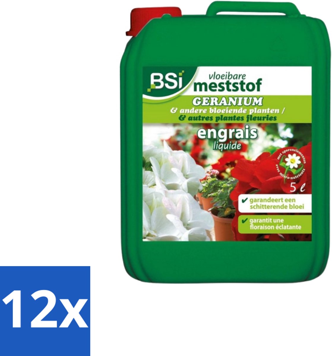 BSI – Geranium Vloeibare Meststof – Rijke Bloei & Sterke Groei – 5 L - Voordeelverpakking - 12 stuks