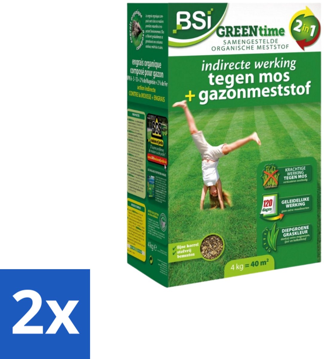 BSI – Organisch-Minerale Gazonmeststof – Indirecte Mosbestrijding – 4 kg (40 m²) - Voordeelverpakking - 2 stuks