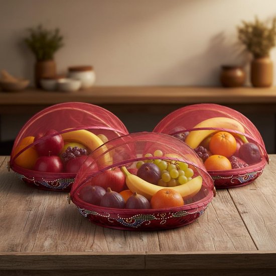 Vliegenbescherming Fruitmand - Vliegenkap Deksel - Voedsel Beschermen - Fair Trade Indonesië - 25 cm Diameter - Wijnrood — afbeelding 5