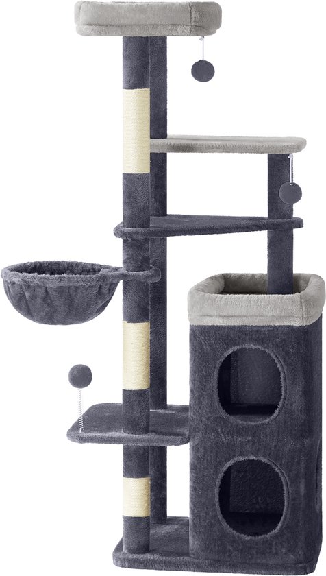 Donkergrijze krabpaal met twee grotten, een ligmand, een speelbal en sisalpalen.
