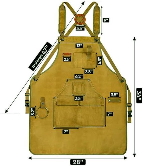 Schort voor houtbewerking, cadeau voor mannen, houtbewerkingsriem, 9 magnetische gereedschapsvakken, duurzaam werkschort van gewaxt canvas van Merkloos	 — afbeelding 5