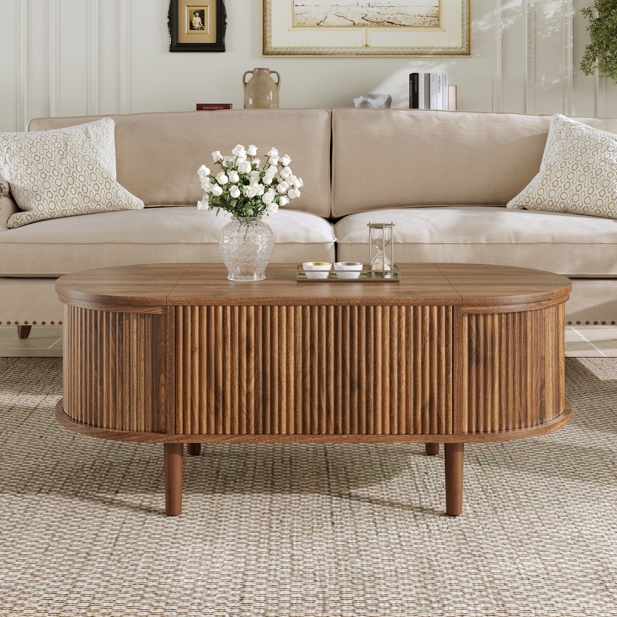 MODFU Salontafel - Verstelbaar Tafelblad En Opbergruimte - Vintage - Woonkamer - MDF - Walnootkleur - 100 X 48 X 53,5 Cm