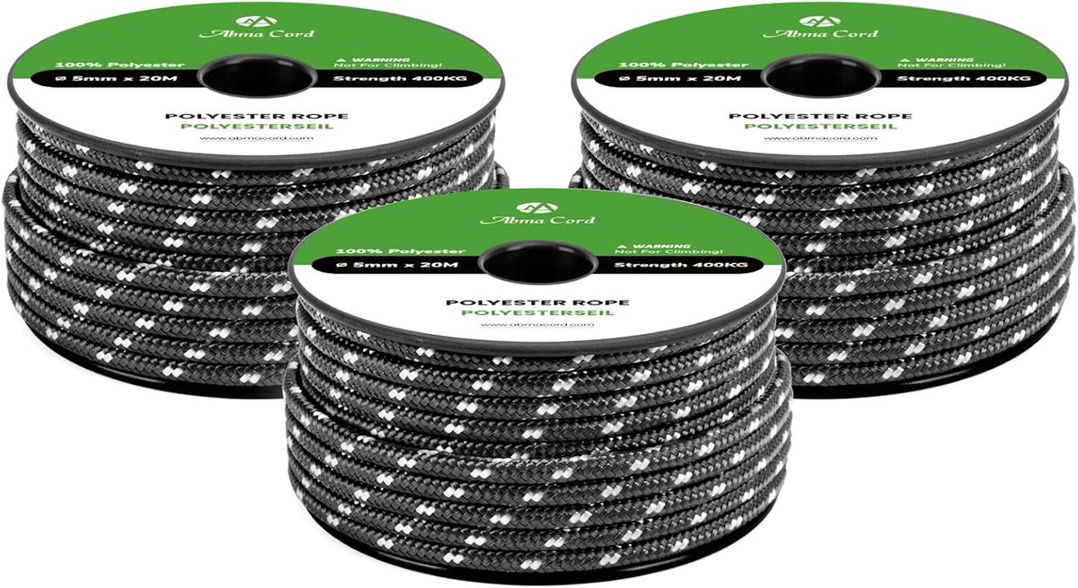 Gevlochten Polyester Touw - Sterk Koord - Veelzijdig Gebruik - UV- en Slijtvast - 5mm x 20m - Zwart Wit