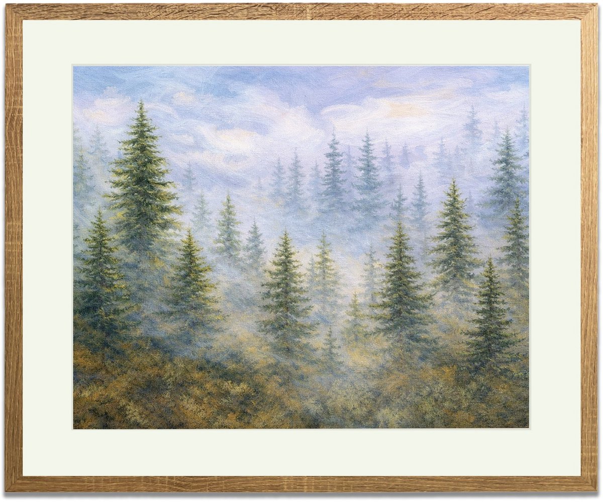 Mistig bos - Ingelijste Muurkunst - 63x53cm lichtbruin frame - Glasplaat en Passe-partout - Museum kwaliteit print