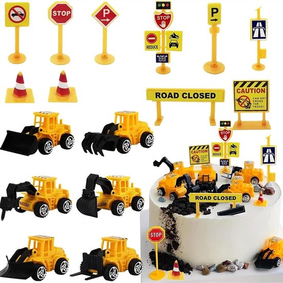 Bouw Cake Topper Voertuigen Cake Decoratie Set Vrachtwagen Graafmachine Torenkraan Cupcake Topper Verkeer en Verkeersteken Decor Gelukkig Verjaardagsfeest Leverances Gunsten voor Kids Boys-16pcs